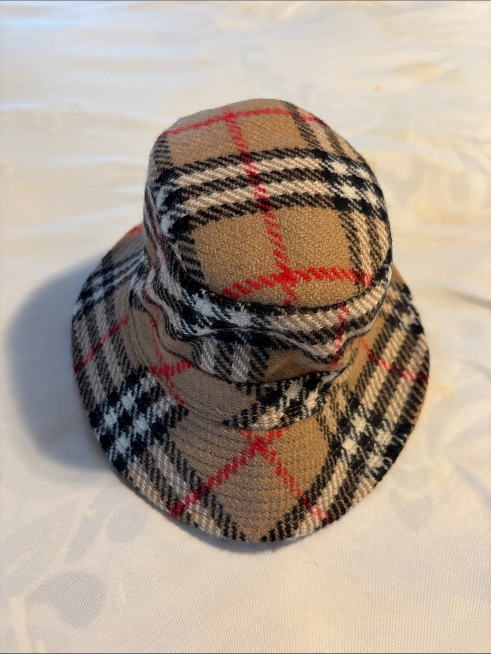 Burberry Plaid Bucket Hat in Tan, Black & Red